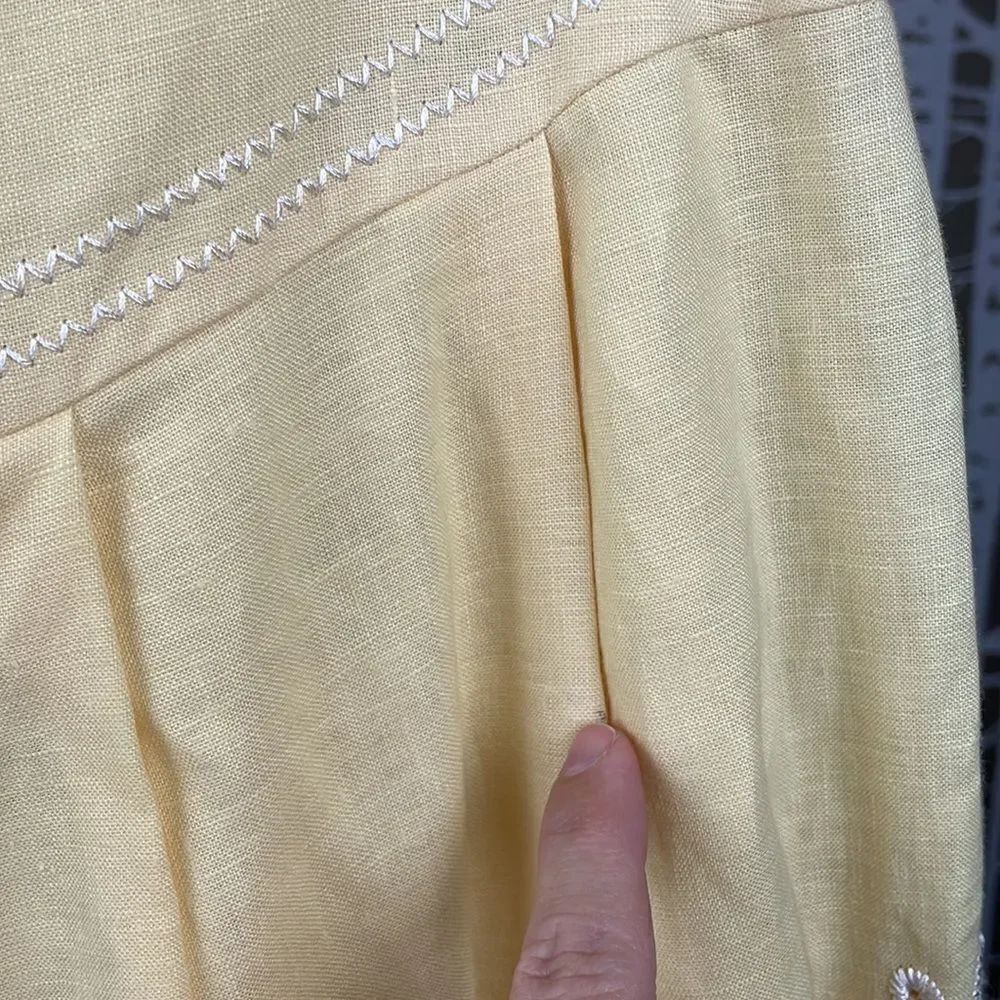 Peck & Peck Petite yellow 100% linen embroidered drop waist A-Line Midi skirt - Picture 11 of 14
